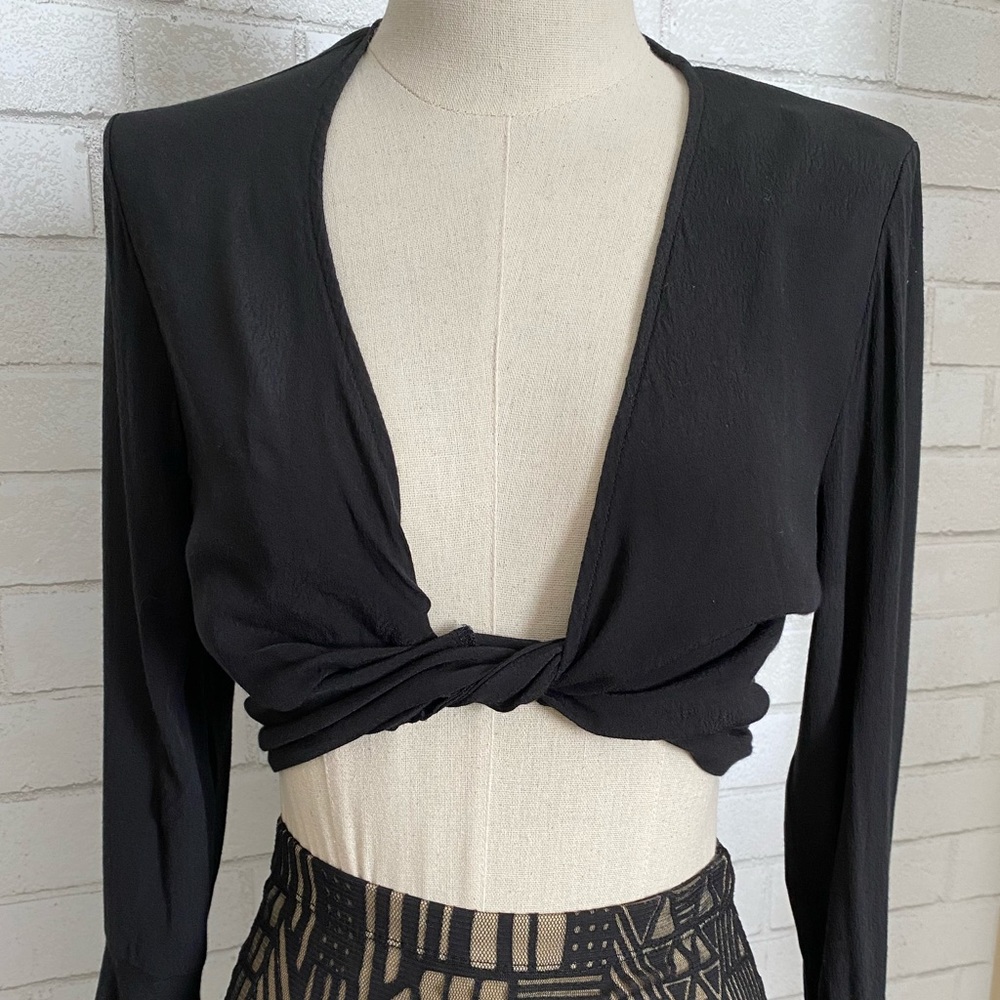 Boho chic black tie front bell sleeve top